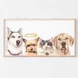 Four pet watercolor portrait print, Custom pet painting from photo, Dog portrait, Cat portrait, 4 pet portrait, Hand painted pet portrait